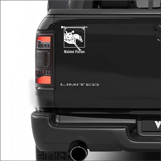 White Vinyl Decal MALONE FARMS With Transfer