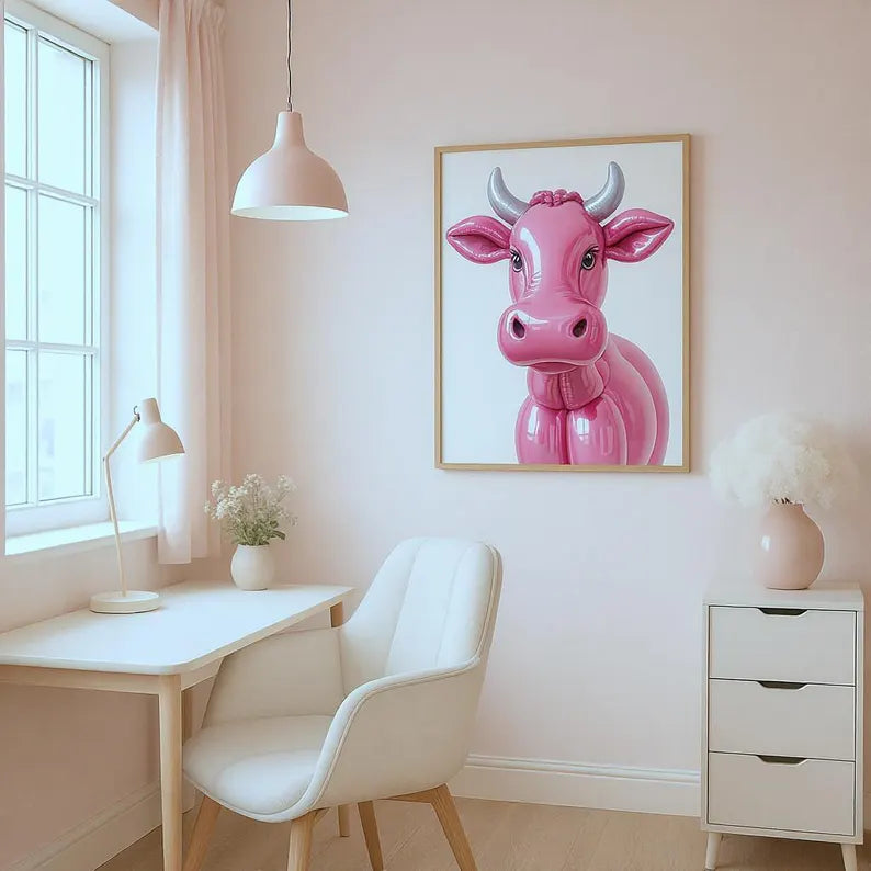 Large cow poster with pink balloon Digital File Ready to Print High Definition PDF PNG File Format