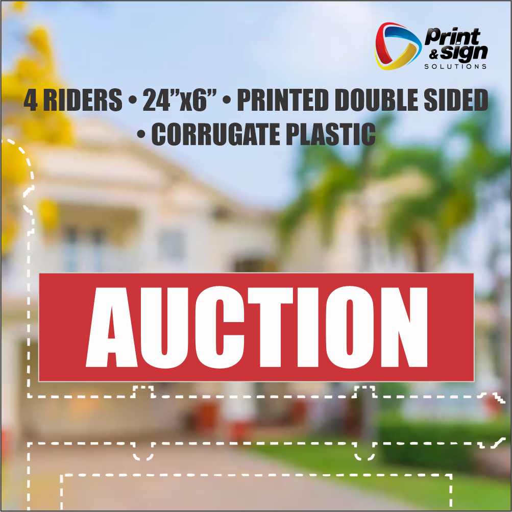 AUCTION Real Estate Rider Sign – 6"x24" | Double-Sided Corrugated Plastic | Professional Realtor Yard Sign