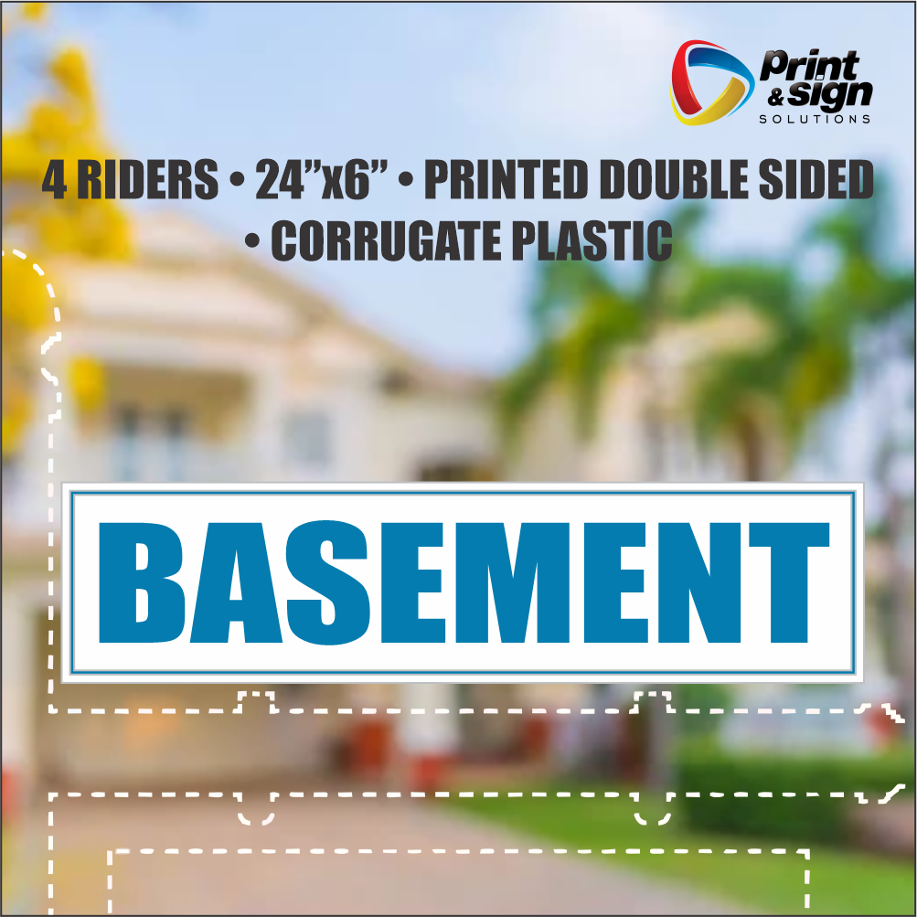 BASEMENT Real Estate Rider Sign – 6"x24" | Double-Sided Corrugated Plastic | Professional Realtor Yard Sign