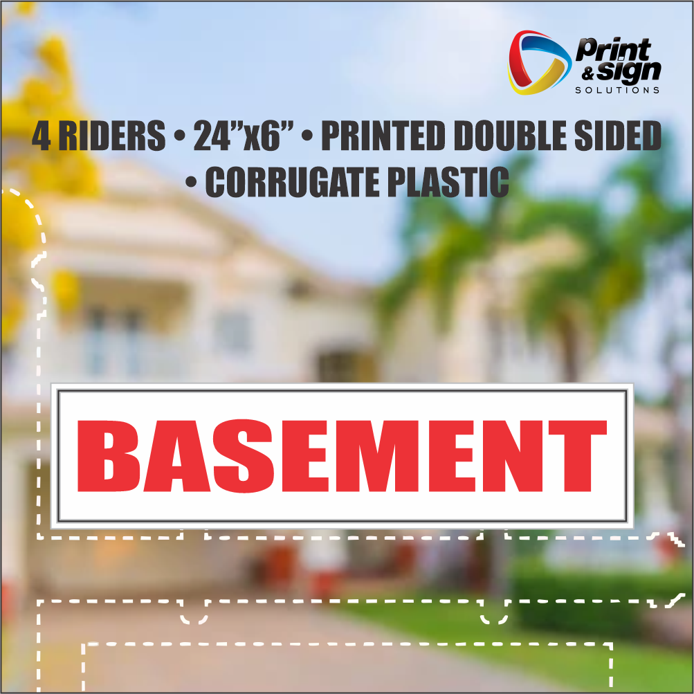 BASEMENT Real Estate Rider Sign – 6"x24" | Double-Sided Corrugated Plastic | Professional Realtor Yard Sign