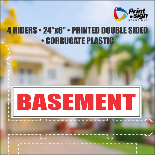 BASEMENT Real Estate Rider Sign – 6"x24" | Double-Sided Corrugated Plastic | Professional Realtor Yard Sign
