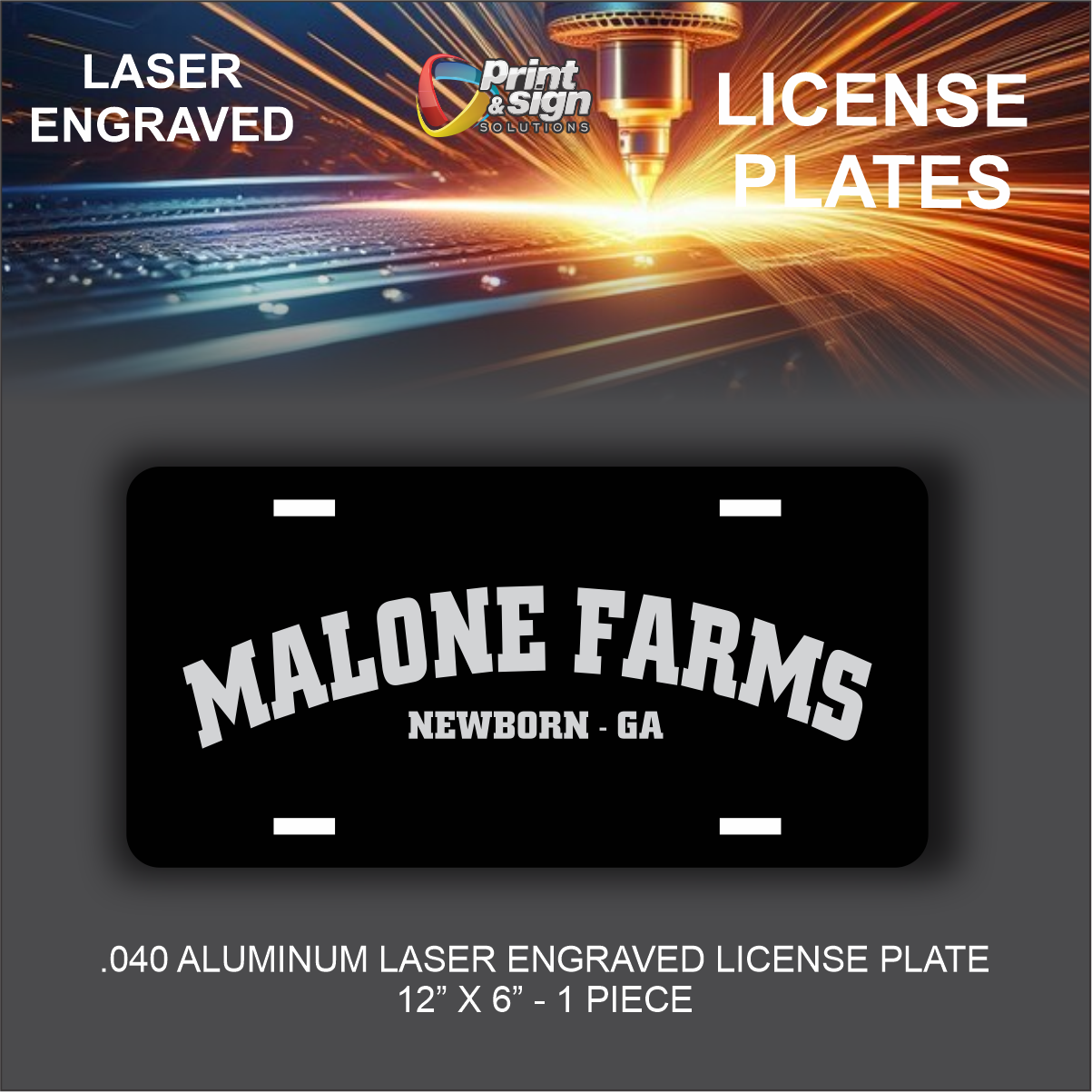 Metal License Plate Laser Engraved MALONE FARMS Truck car tag Aluminum 12" X 6"