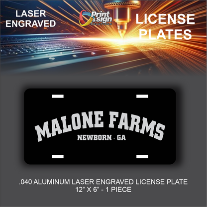 Metal License Plate Laser Engraved MALONE FARMS Truck car tag Aluminum 12" X 6"