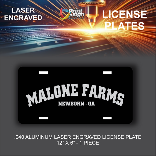 Metal License Plate Laser Engraved MALONE FARMS Truck car tag Aluminum 12" X 6"