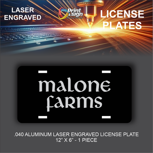 Metal License Plate Laser Engraved MALONE FARMS Truck car tag Aluminum 12" X 6"