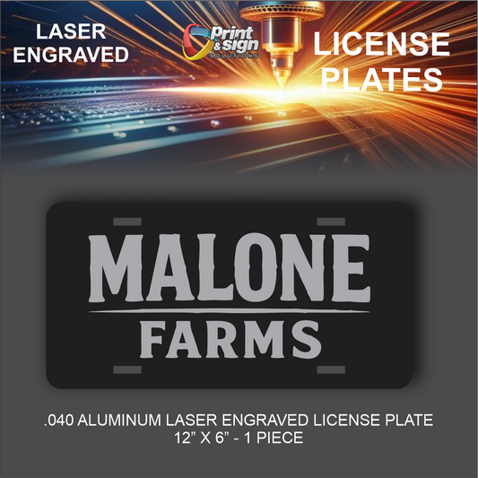 Metal License Plate Laser Engraved MALONE FARMS Truck car tag Aluminum 12" X 6"