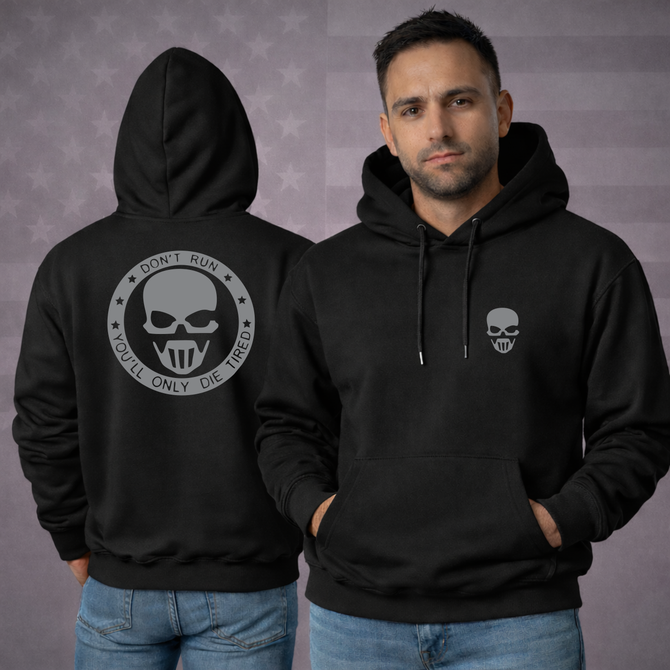 AMERICAN ARMY SNIPER Hooded Sweatshirt – “DON’T RUN, YOU’LL ONLY DIE TIRED” Patriotic Hoodie