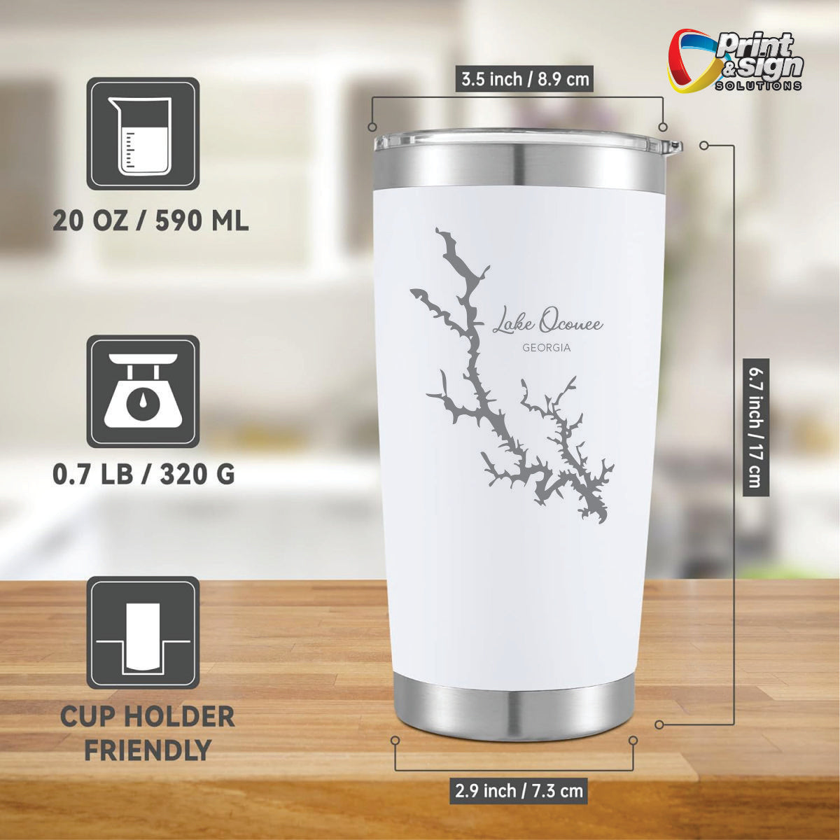 Lake Oconee Laser Engraved 20oz Tumbler Insulated Travel Mug with Lid