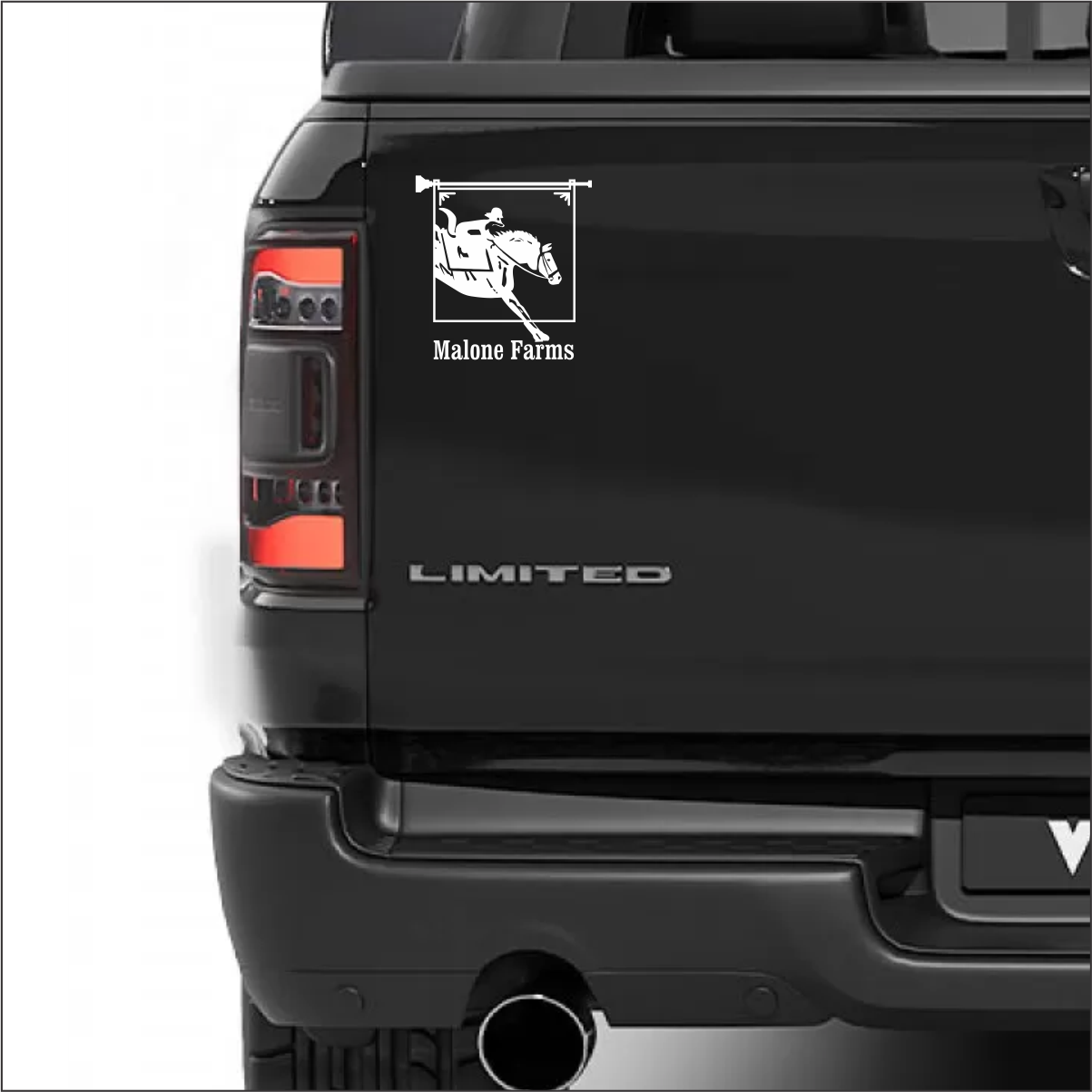 White Vinyl Decal MALONE FARMS With Transfer