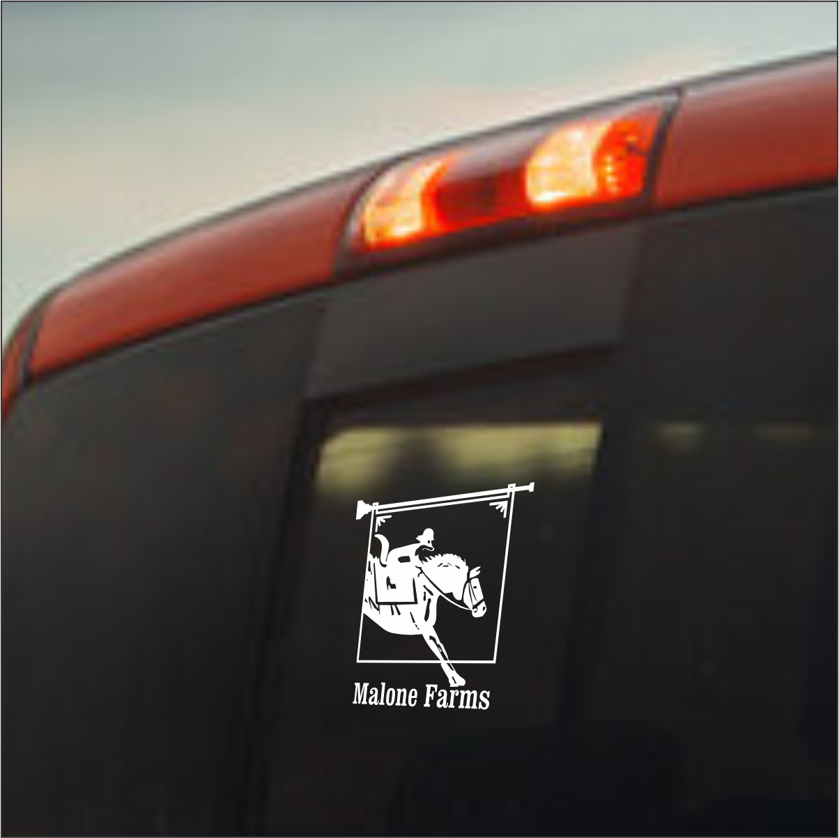White Vinyl Decal MALONE FARMS With Transfer