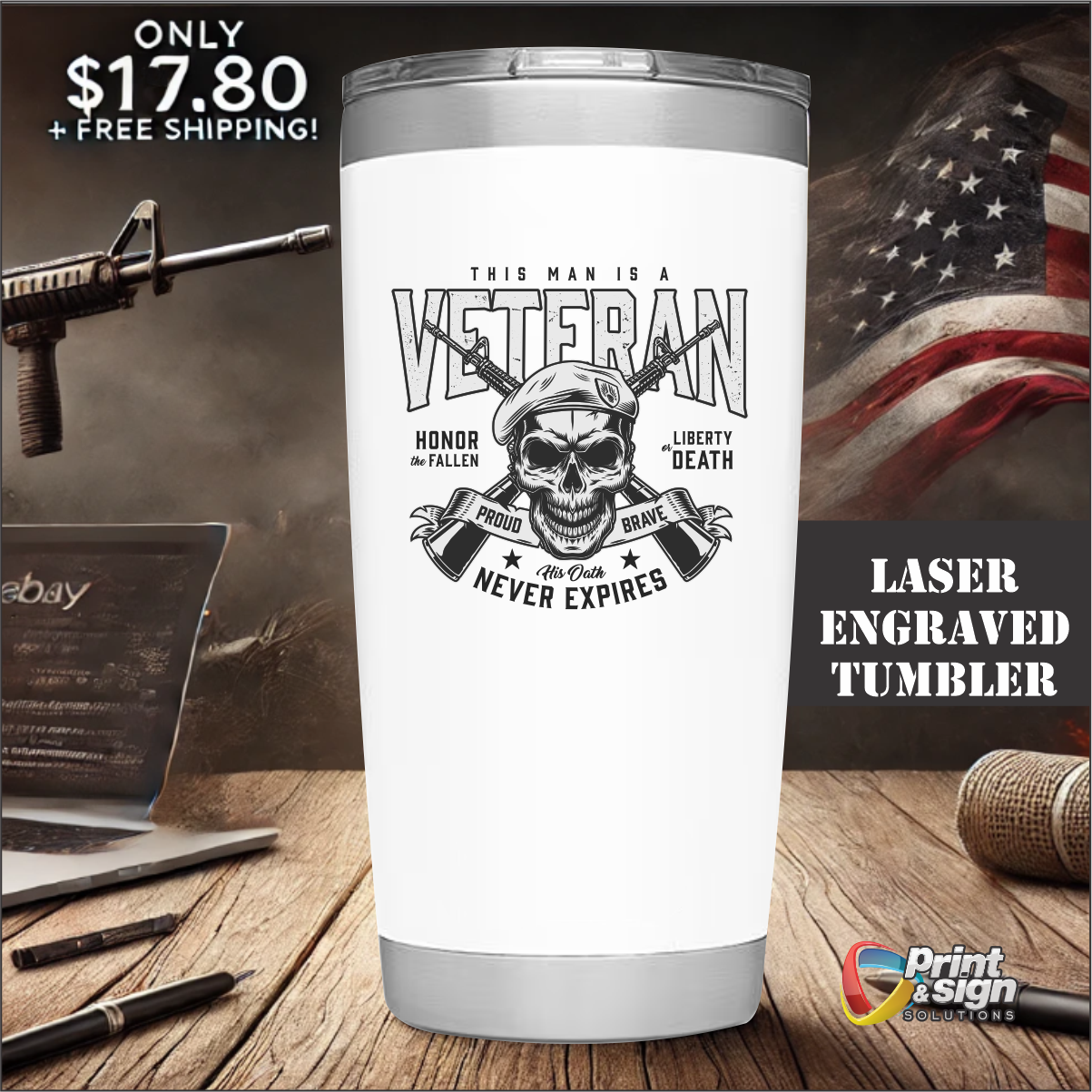 Laser Engraved Veteran 20oz Tumbler