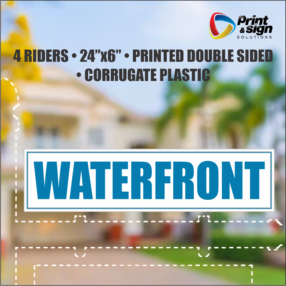 WATERFRONT Real Estate Rider Sign – 6"x24" | Double-Sided Corrugated Plastic | Professional Realtor Yard Sign