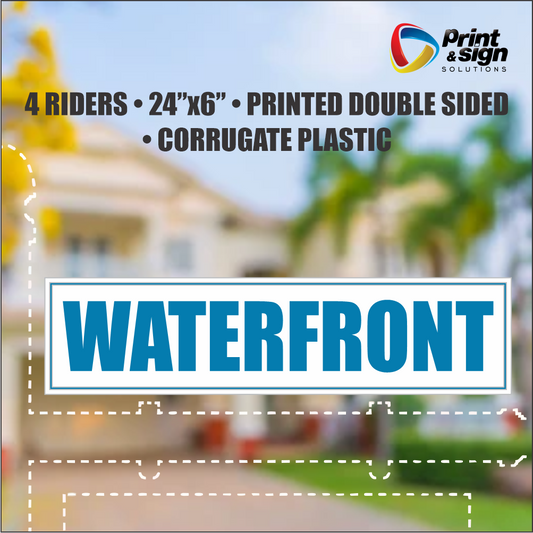 WATERFRONT Real Estate Rider Sign – 6"x24" | Double-Sided Corrugated Plastic | Professional Realtor Yard Sign